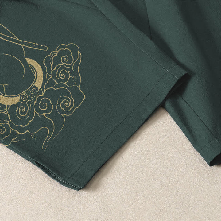 Buddha Stones Pantalones de hombre de algodón puro con estampado de nube de loto dorado, cordón ajustable y corte cónico, con bolsillos. - image 5