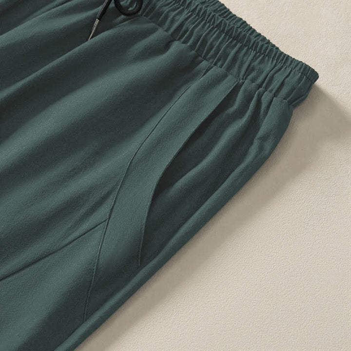 Buddha Stones Pantalones de hombre de algodón puro con estampado de nube de loto dorado, cordón ajustable y corte cónico, con bolsillos. - image 4
