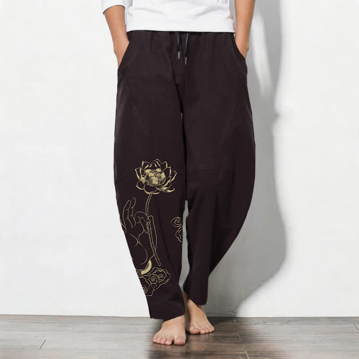 Buddha Stones Pantalones de hombre de algodón puro con estampado de nube de loto dorado, cordón ajustable y corte cónico, con bolsillos. - Marrón silla de montar - US/UK/AU50, EU60 (5XL) - image 7