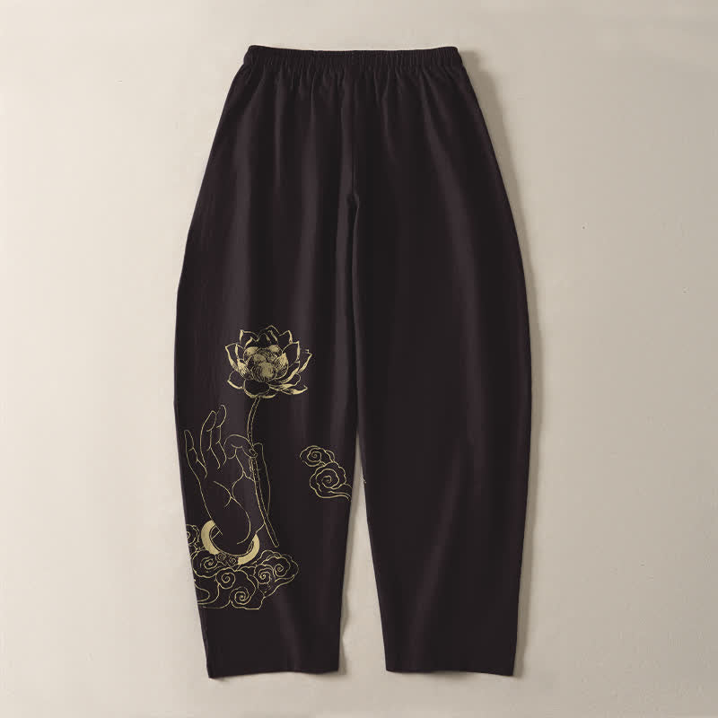 Buddha Stones Pantalones de hombre de algodón puro con estampado de nube de loto dorado, cordón ajustable y corte cónico, con bolsillos. - image 10