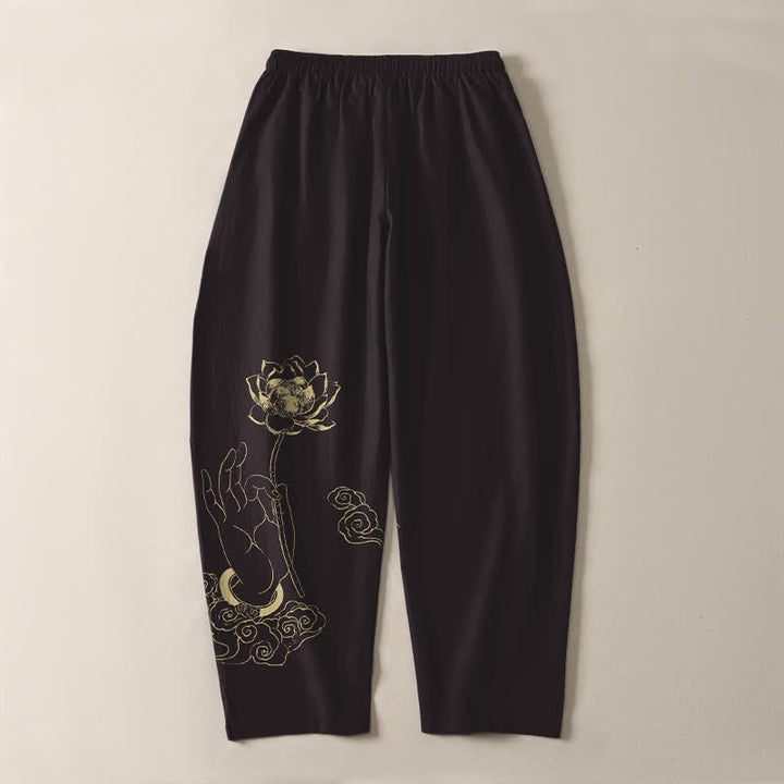 Buddha Stones Pantalones de hombre de algodón puro con estampado de nube de loto dorado, cordón ajustable y corte cónico, con bolsillos. - image 10