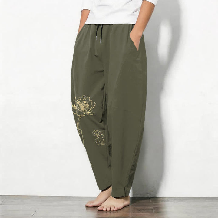 Buddha Stones Pantalones de hombre de algodón puro con estampado de nube de loto dorado, cordón ajustable y corte cónico, con bolsillos. - image 12