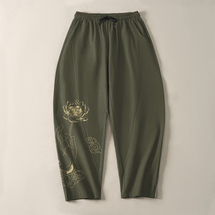 Buddha Stones Pantalones de hombre de algodón puro con estampado de nube de loto dorado, cordón ajustable y corte cónico, con bolsillos. - image 13