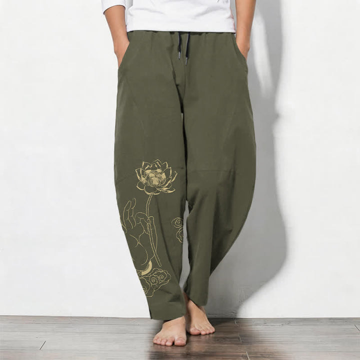 Buddha Stones Pantalones de hombre de algodón puro con estampado de nube de loto dorado, cordón ajustable y corte cónico, con bolsillos. - Aceituna - US/UK/AU50, EU60 (5XL) - image 11