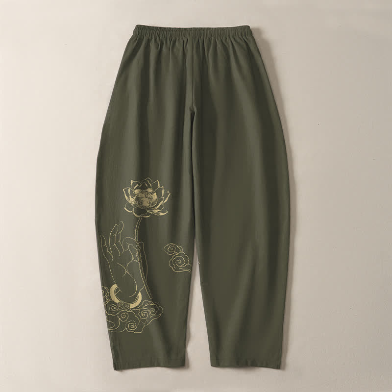 Buddha Stones Pantalones de hombre de algodón puro con estampado de nube de loto dorado, cordón ajustable y corte cónico, con bolsillos. - image 14