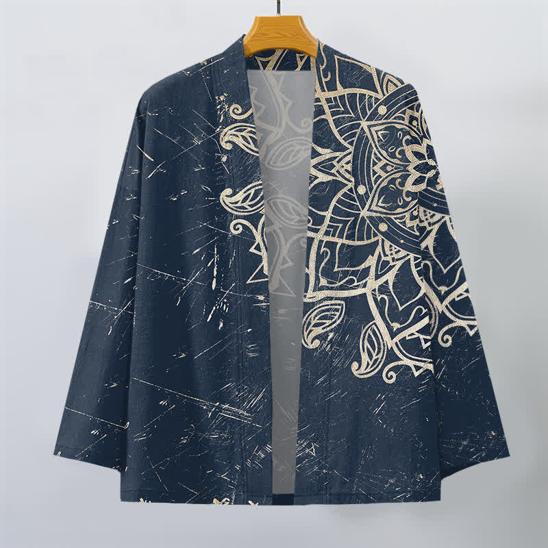 Buddha Stones Kimono de hombre de algodón con estampado de mandala desgastado y frente abierto - image 1
