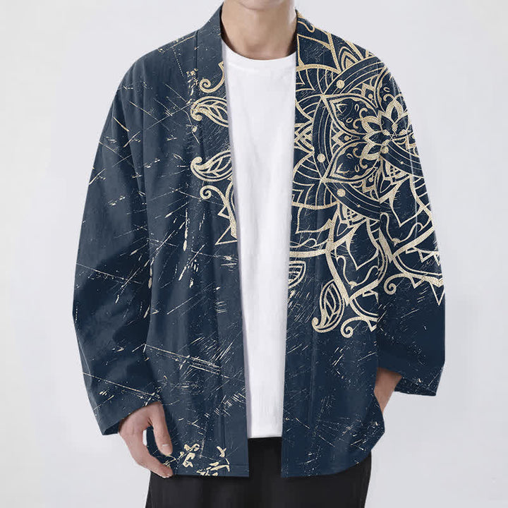 Buddha Stones Kimono de hombre de algodón con estampado de mandala desgastado y frente abierto - Marina de guerra - US/UK/AU48, UE58 (4XL) - image 0