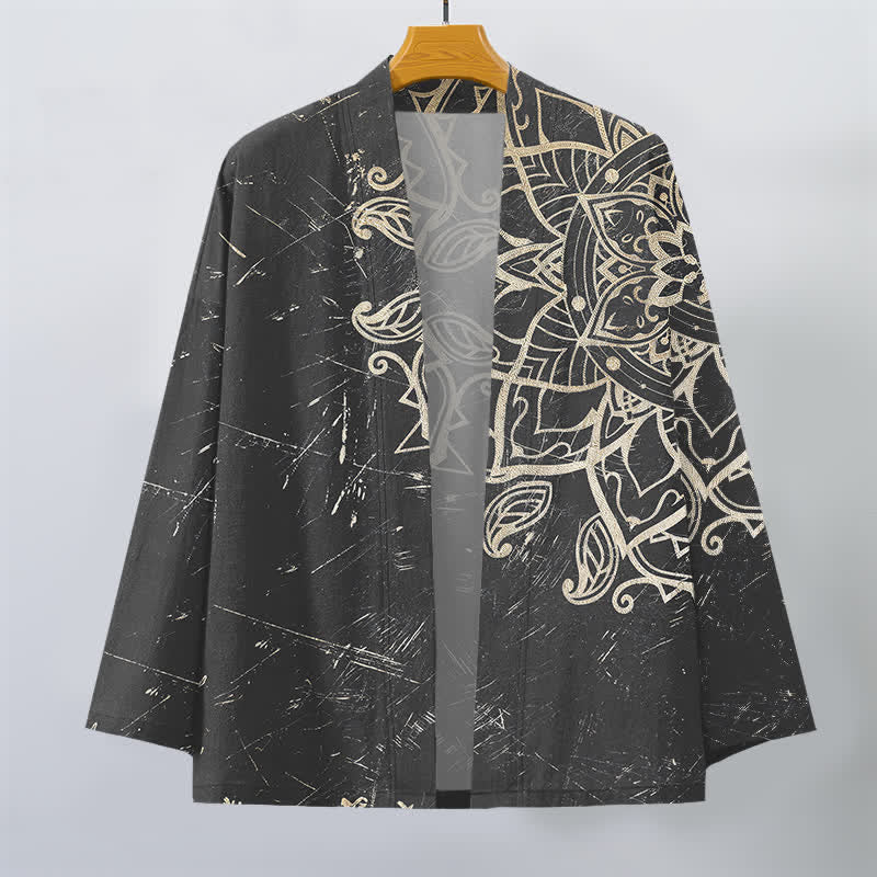 Buddha Stones Kimono de hombre de algodón con estampado de mandala desgastado y frente abierto - image 10