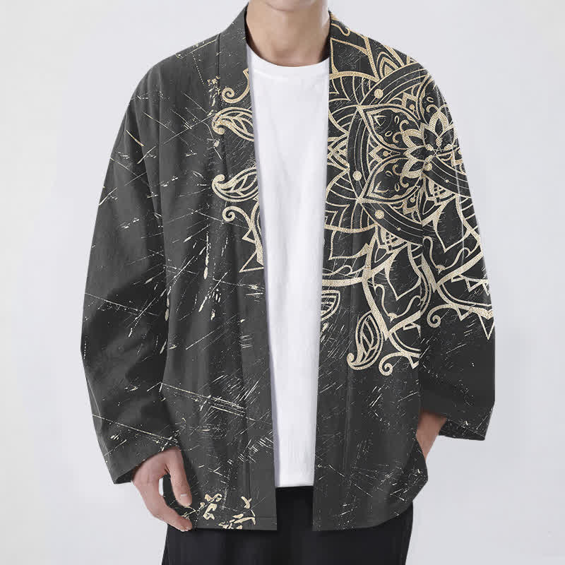 Buddha Stones Kimono de hombre de algodón con estampado de mandala desgastado y frente abierto - Gris - US/UK/AU48, UE58 (4XL) - image 9