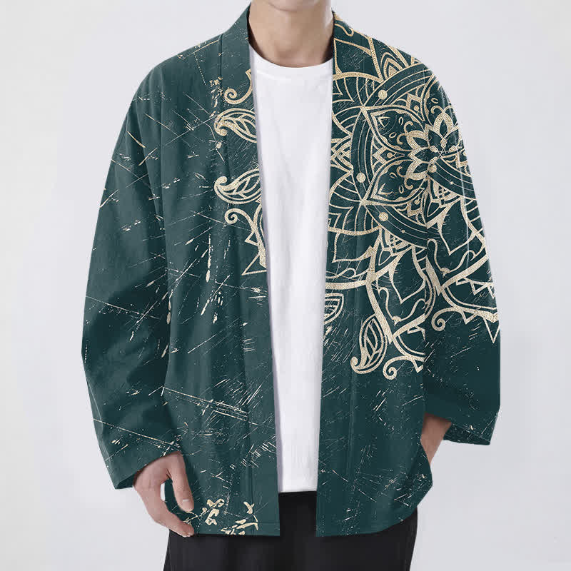Buddha Stones Kimono de hombre de algodón con estampado de mandala desgastado y frente abierto - Verde azulado - US/UK/AU48, UE58 (4XL) - image 6