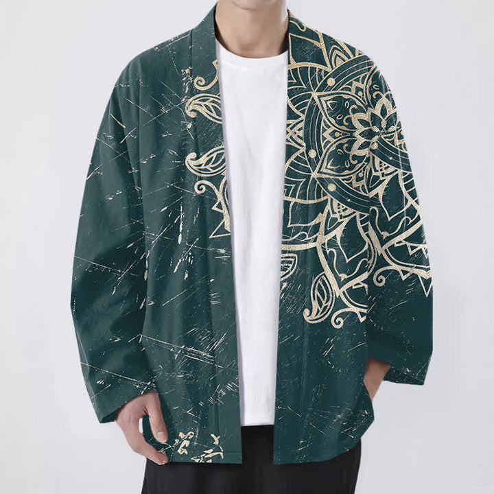 Buddha Stones Kimono de hombre de algodón con estampado de mandala desgastado y frente abierto - Verde azulado - US/UK/AU48, UE58 (4XL) - image 6
