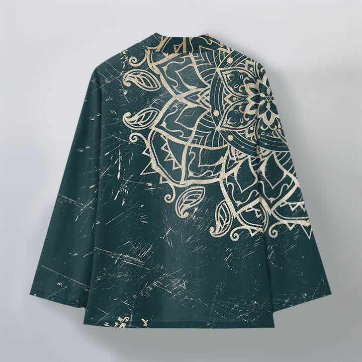 Buddha Stones Kimono de hombre de algodón con estampado de mandala desgastado y frente abierto - image 8