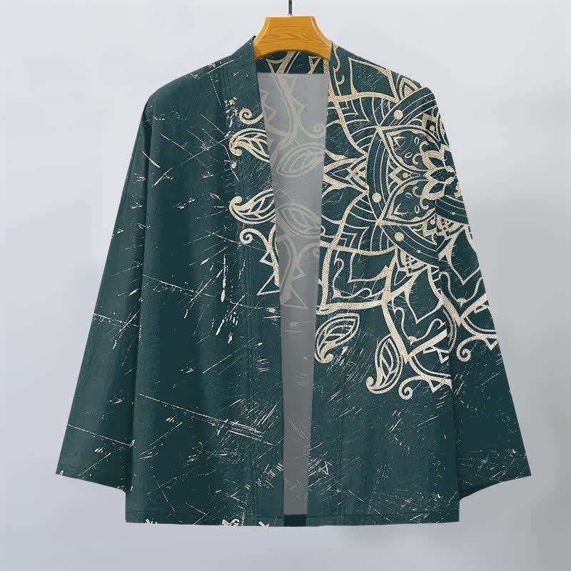 Buddha Stones Kimono de hombre de algodón con estampado de mandala desgastado y frente abierto - image 7