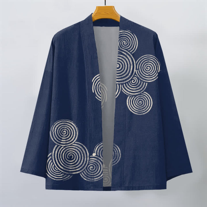 Buddha Stones Kimono de algodón con estampado espiral concéntrico y frente abierto para hombre - image 1