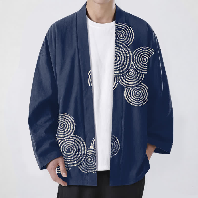 Buddha Stones Kimono de algodón con estampado espiral concéntrico y frente abierto para hombre - Marina de guerra - US/UK/AU48, UE58 (4XL) - image 0