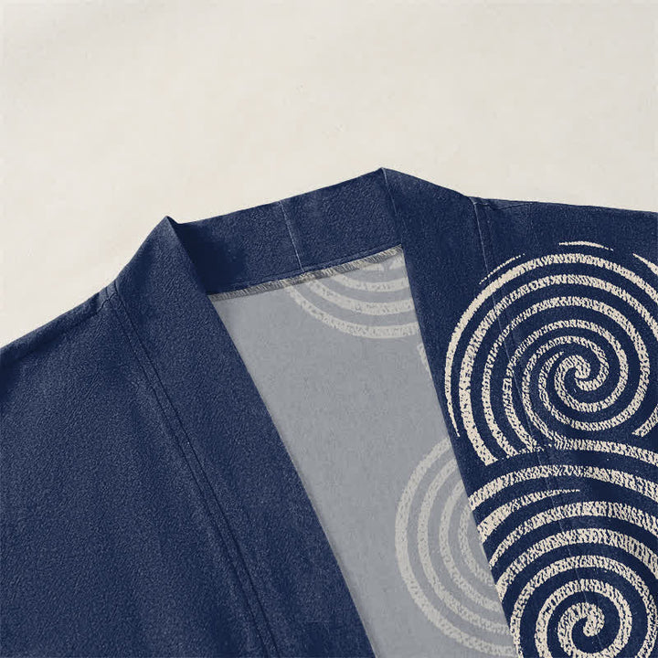 Buddha Stones Kimono de algodón con estampado espiral concéntrico y frente abierto para hombre - image 3
