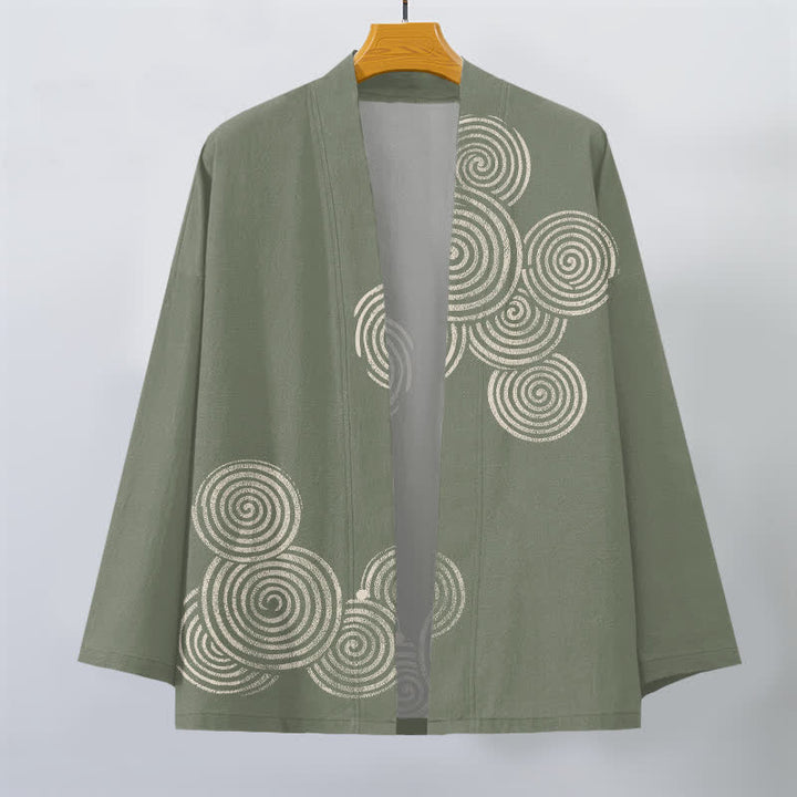 Buddha Stones Kimono de algodón con estampado espiral concéntrico y frente abierto para hombre - image 7