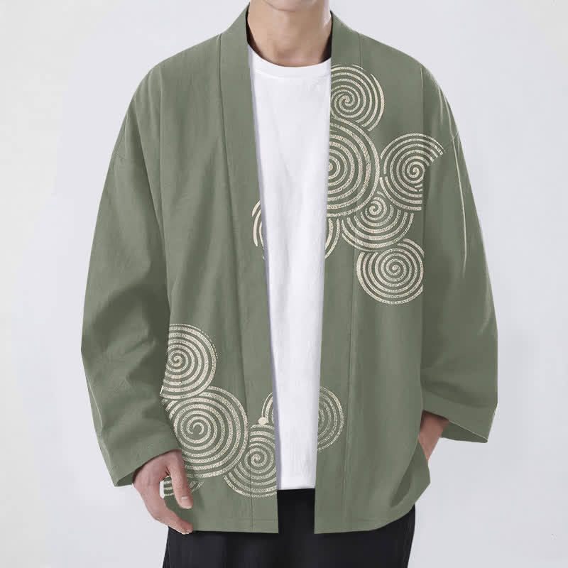 Buddha Stones Kimono de algodón con estampado espiral concéntrico y frente abierto para hombre - Verde mar oscuro - US/UK/AU48, UE58 (4XL) - image 6