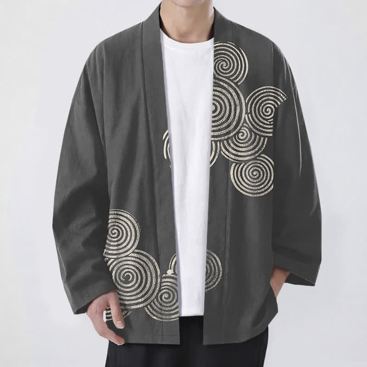 Buddha Stones Kimono de algodón con estampado espiral concéntrico y frente abierto para hombre - Gris oscuro - US/UK/AU48, UE58 (4XL) - image 9
