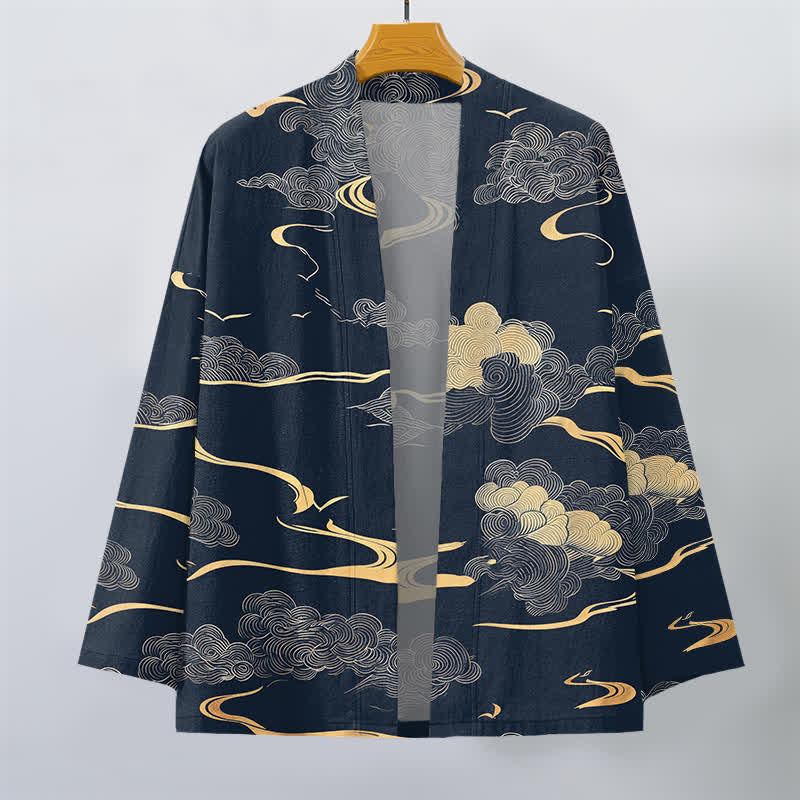Buddha Stones Kimono de algodón con estampado de nubes doradas y frente abierto para hombre - image 1