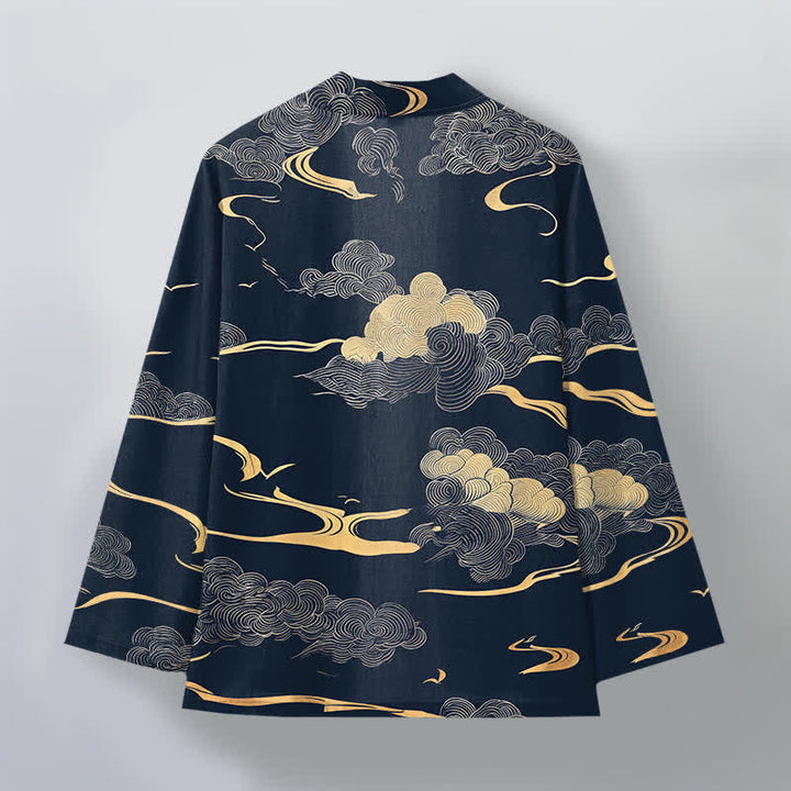 Buddha Stones Kimono de algodón con estampado de nubes doradas y frente abierto para hombre - image 2