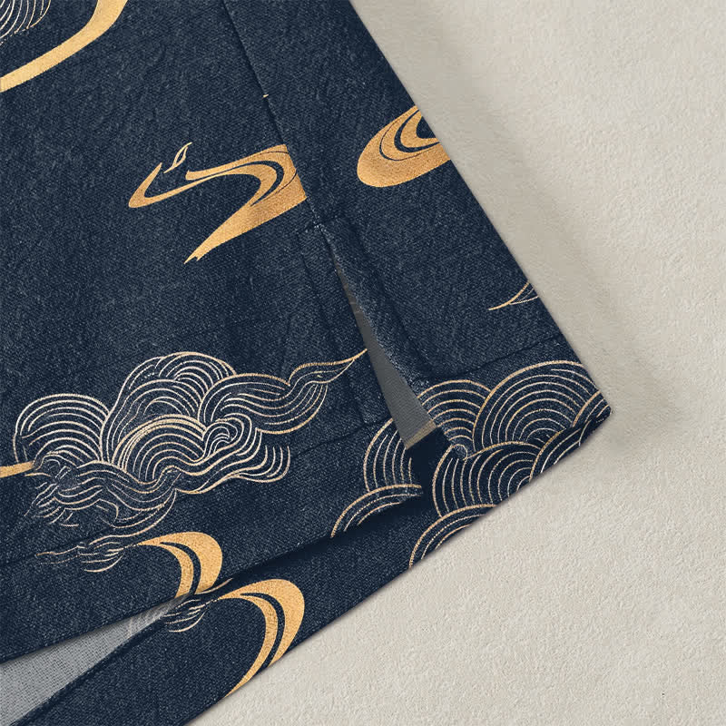 Buddha Stones Kimono de algodón con estampado de nubes doradas y frente abierto para hombre - image 4