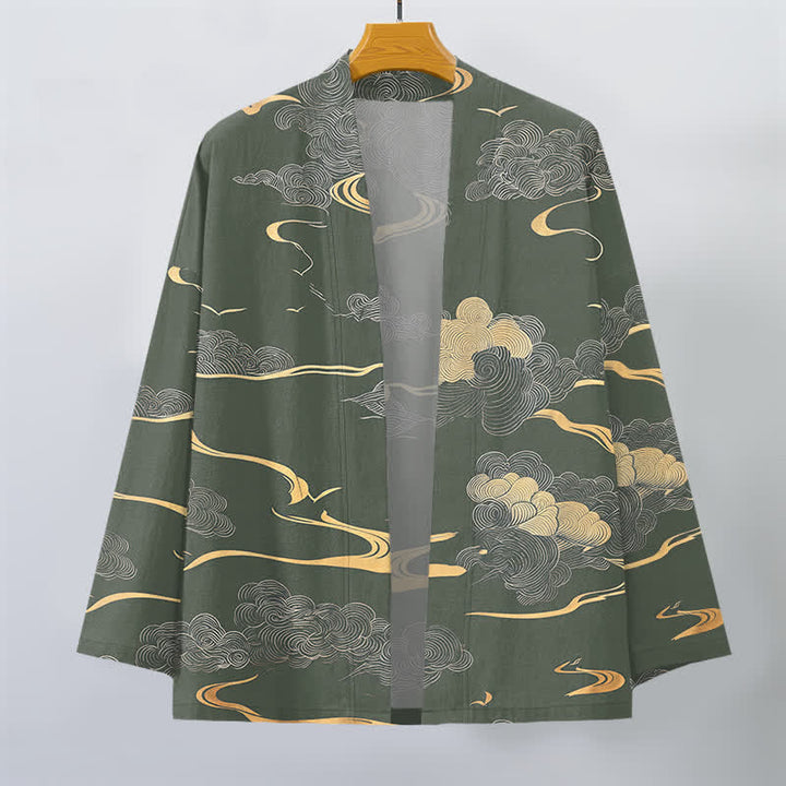 Buddha Stones Kimono de algodón con estampado de nubes doradas y frente abierto para hombre - image 7