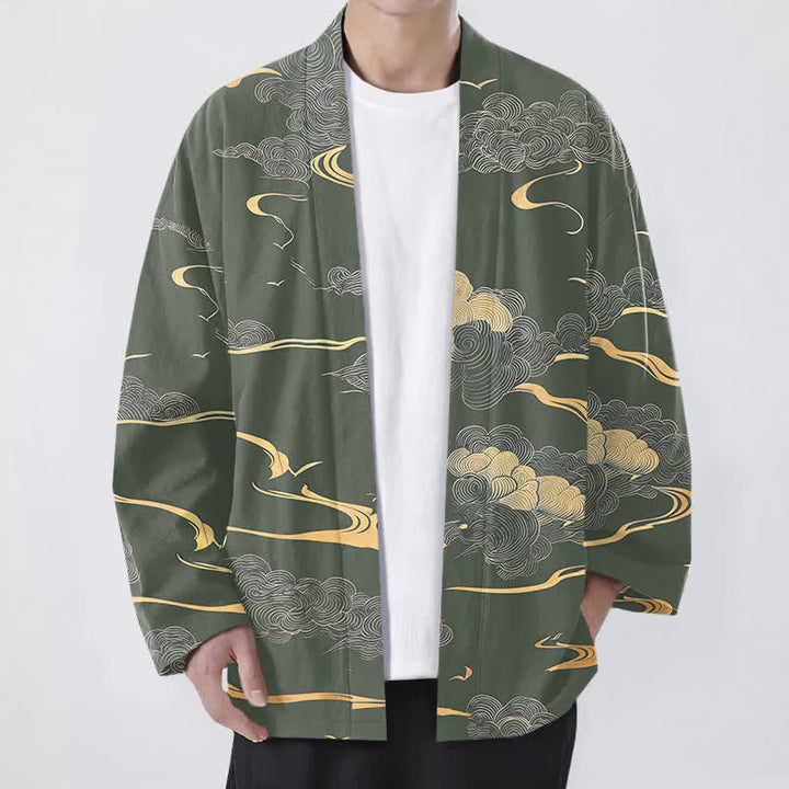 Buddha Stones Kimono de algodón con estampado de nubes doradas y frente abierto para hombre - Verde mar oscuro - US/UK/AU48, UE58 (4XL) - image 6