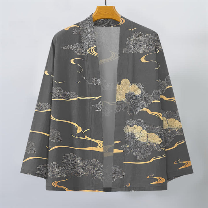 Buddha Stones Kimono de algodón con estampado de nubes doradas y frente abierto para hombre - image 10