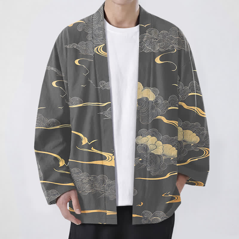 Buddha Stones Kimono de algodón con estampado de nubes doradas y frente abierto para hombre - Gris - US/UK/AU48, UE58 (4XL) - image 9