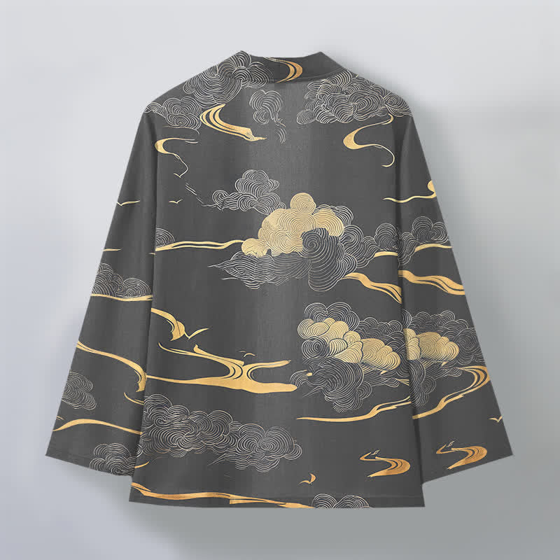 Buddha Stones Kimono de algodón con estampado de nubes doradas y frente abierto para hombre - image 11