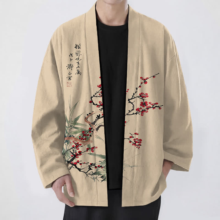 Buddha Stones Kimono de hombre de algodón rojo ciruela con estampado de bambú y frente abierto - Trigo - US/UK/AU48, UE58 (4XL) - image 0