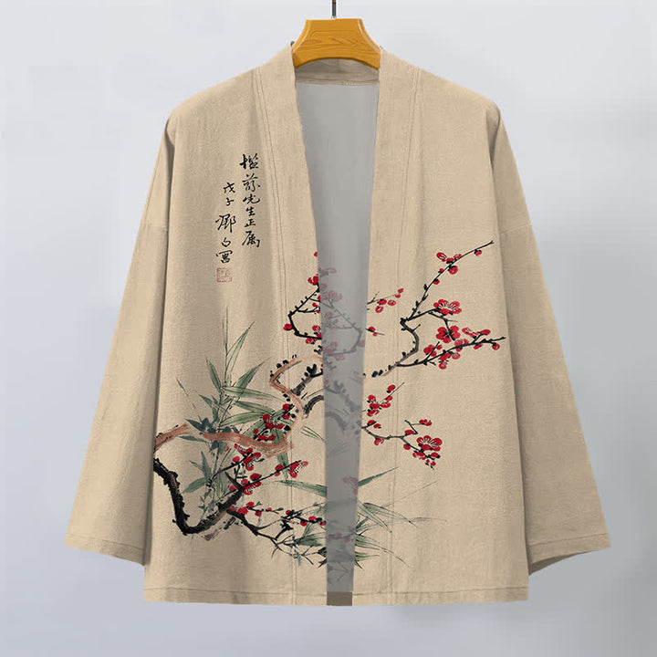 Buddha Stones Kimono de hombre de algodón rojo ciruela con estampado de bambú y frente abierto - image 1