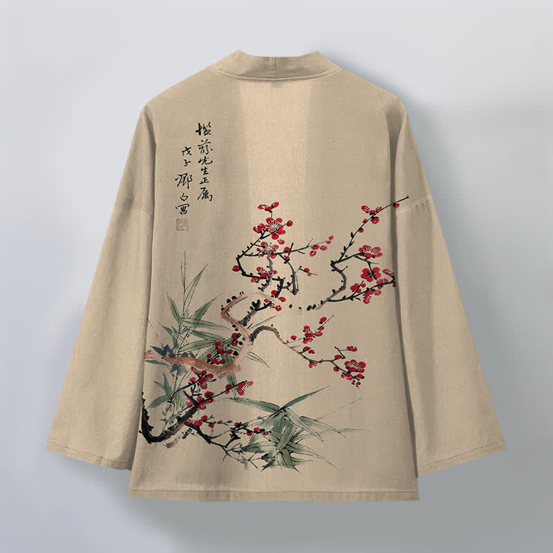 Buddha Stones Kimono de hombre de algodón rojo ciruela con estampado de bambú y frente abierto - image 2