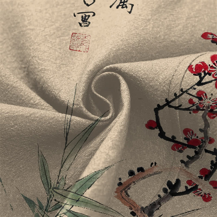 Buddha Stones Kimono de hombre de algodón rojo ciruela con estampado de bambú y frente abierto - image 5