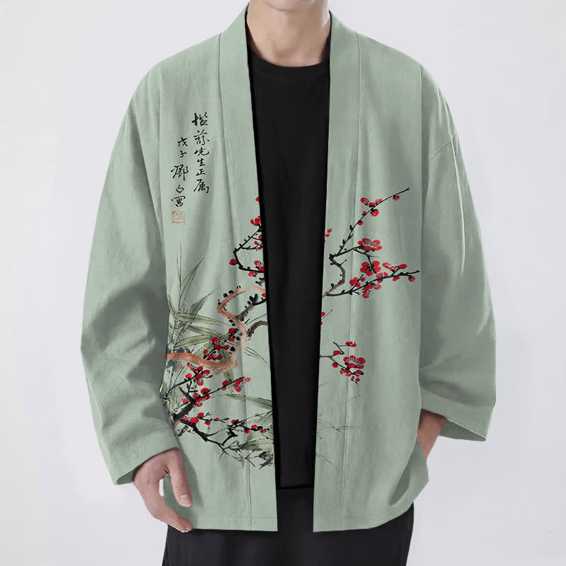 Buddha Stones Kimono de hombre de algodón rojo ciruela con estampado de bambú y frente abierto - Verde mar oscuro - US/UK/AU48, UE58 (4XL) - image 6