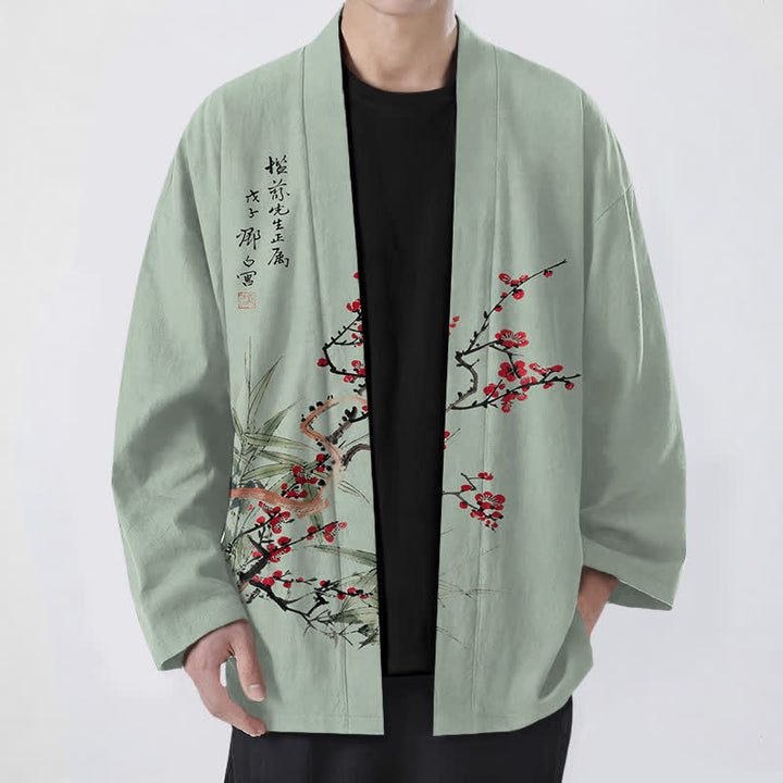 Buddha Stones Kimono de hombre de algodón rojo ciruela con estampado de bambú y frente abierto - Verde mar oscuro - US/UK/AU48, UE58 (4XL) - image 6