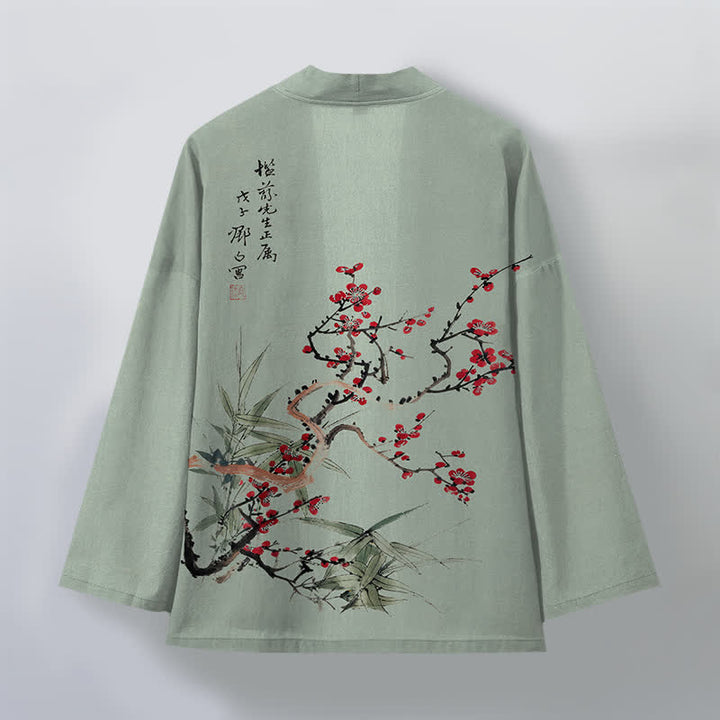 Buddha Stones Kimono de hombre de algodón rojo ciruela con estampado de bambú y frente abierto - image 8