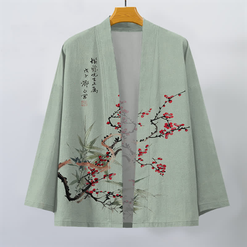 Buddha Stones Kimono de hombre de algodón rojo ciruela con estampado de bambú y frente abierto - image 7