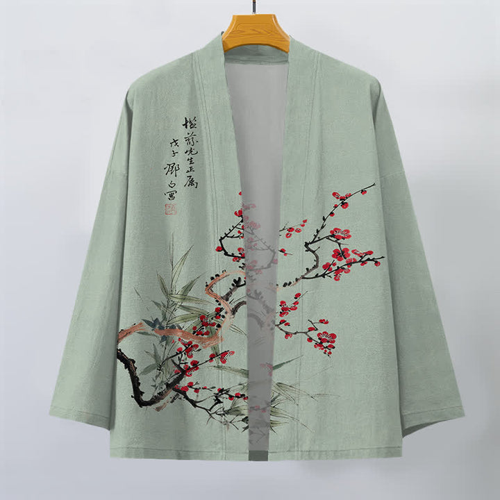Buddha Stones Kimono de hombre de algodón rojo ciruela con estampado de bambú y frente abierto - image 7