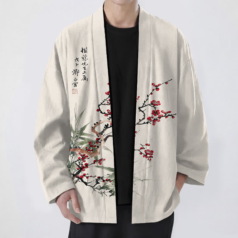 Buddha Stones Kimono de hombre de algodón rojo ciruela con estampado de bambú y frente abierto - Beige - US/UK/AU48, UE58 (4XL) - image 9