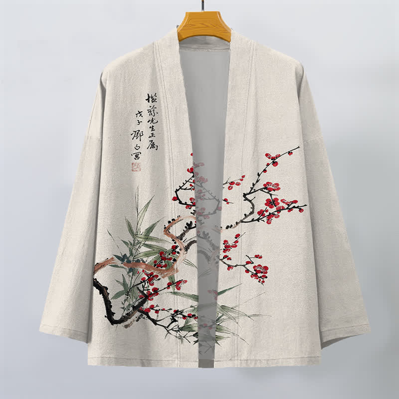 Buddha Stones Kimono de hombre de algodón rojo ciruela con estampado de bambú y frente abierto - image 10