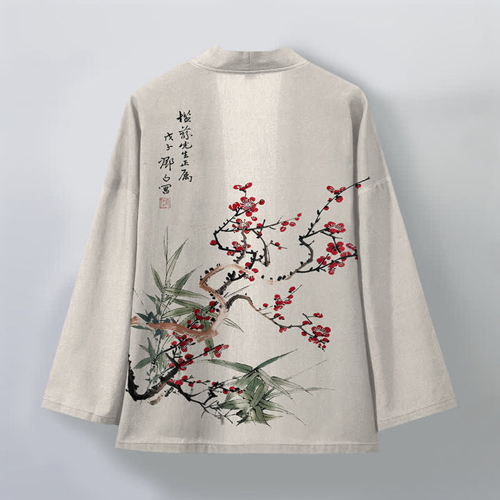 Buddha Stones Kimono de hombre de algodón rojo ciruela con estampado de bambú y frente abierto - image 11