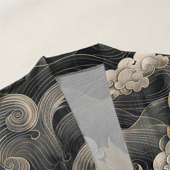 Buddha Stones Kimono de algodón con estampado de nube y dragón dorado para hombre, con frente abierto. - image 3
