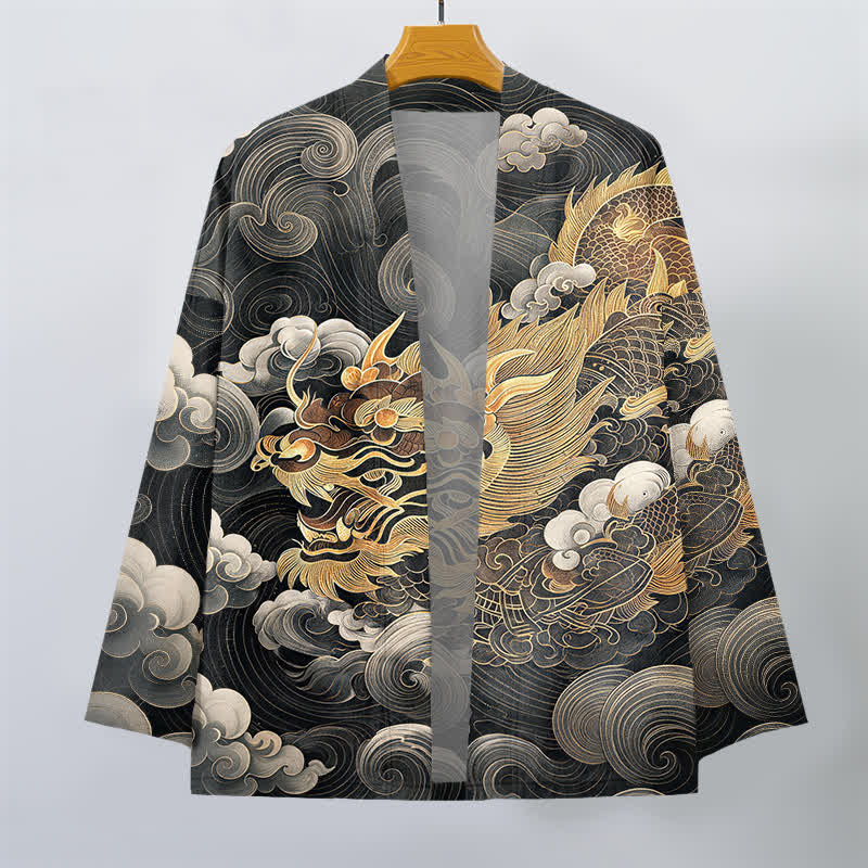Buddha Stones Kimono de algodón con estampado de nube y dragón dorado para hombre, con frente abierto. - image 1