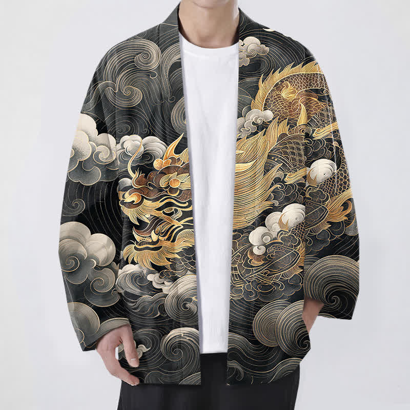 Buddha Stones Kimono de algodón con estampado de nube y dragón dorado para hombre, con frente abierto. - Negro - US/UK/AU48, UE58 (4XL) - image 0