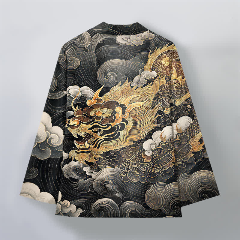 Buddha Stones Kimono de algodón con estampado de nube y dragón dorado para hombre, con frente abierto. - image 2