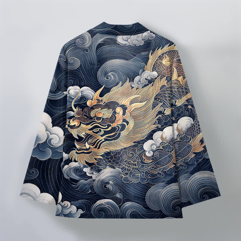 Buddha Stones Kimono de algodón con estampado de nube y dragón dorado para hombre, con frente abierto. - image 11