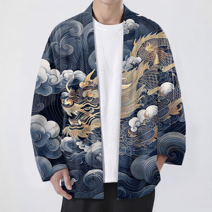 Buddha Stones Kimono de algodón con estampado de nube y dragón dorado para hombre, con frente abierto. - Marina de guerra - US/UK/AU48, UE58 (4XL) - image 9