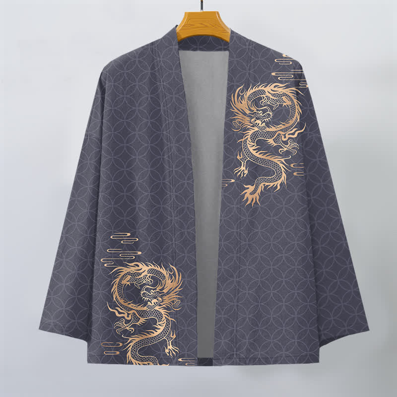 Buddha Stones Kimono de hombre de algodón con estampado geométrico de círculos y dragón dorado, con frente abierto. - image 1